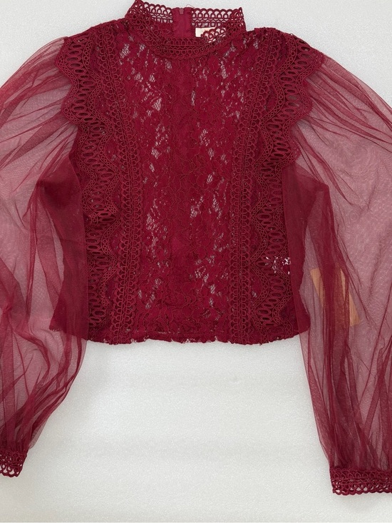A Peach Tops - Peach Red Lace High Neck Blouse Sheer Sleeve Gothic Victorian Romantic Top L